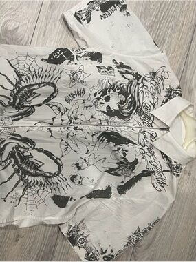 Givenchy White Button-Down Shirt with Black Graphic Tattoo Prints